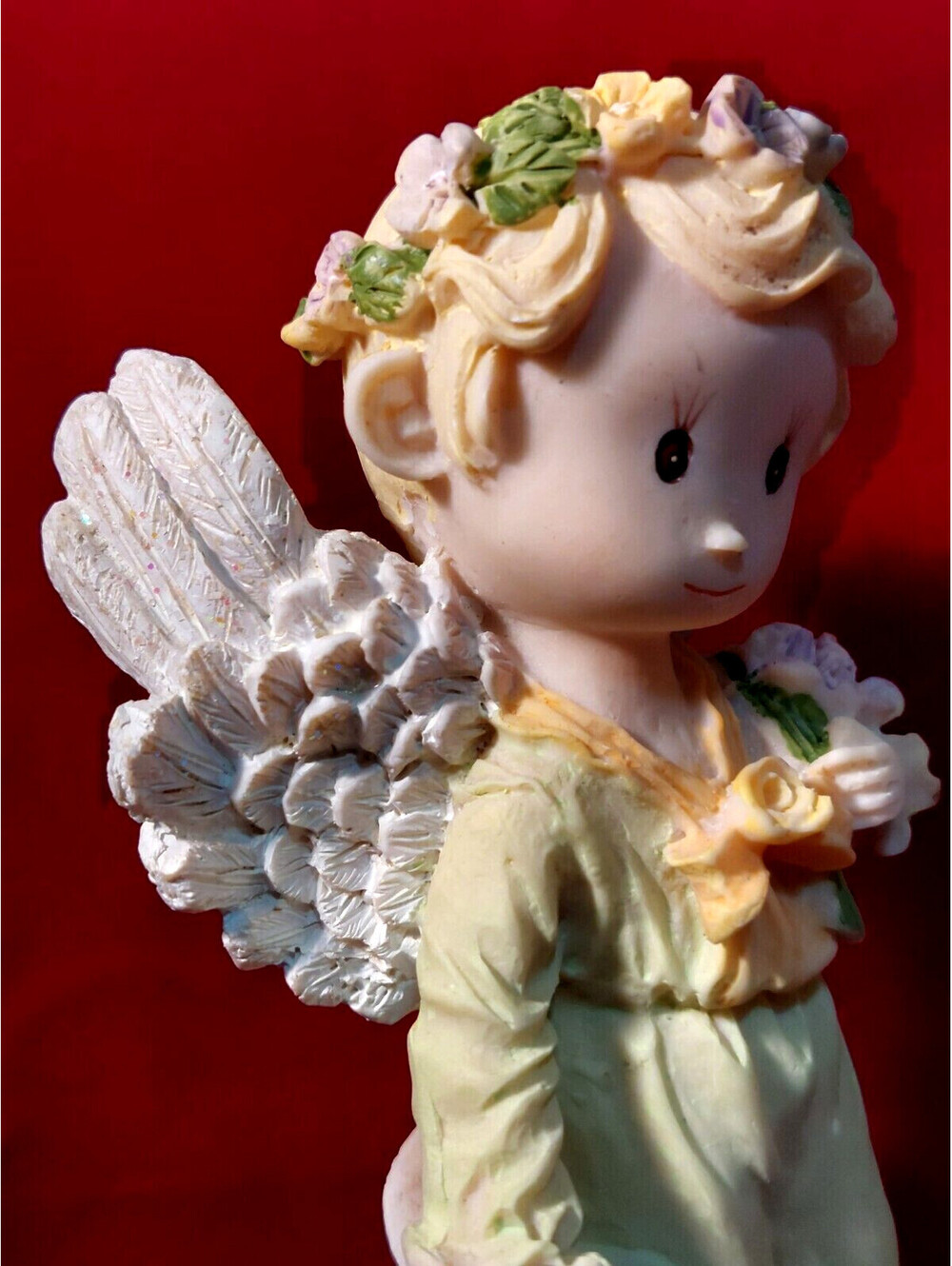 Vintage Resin Cast 7" Angel Figurine w/ Green Dress 1990s Statuette Decoration
